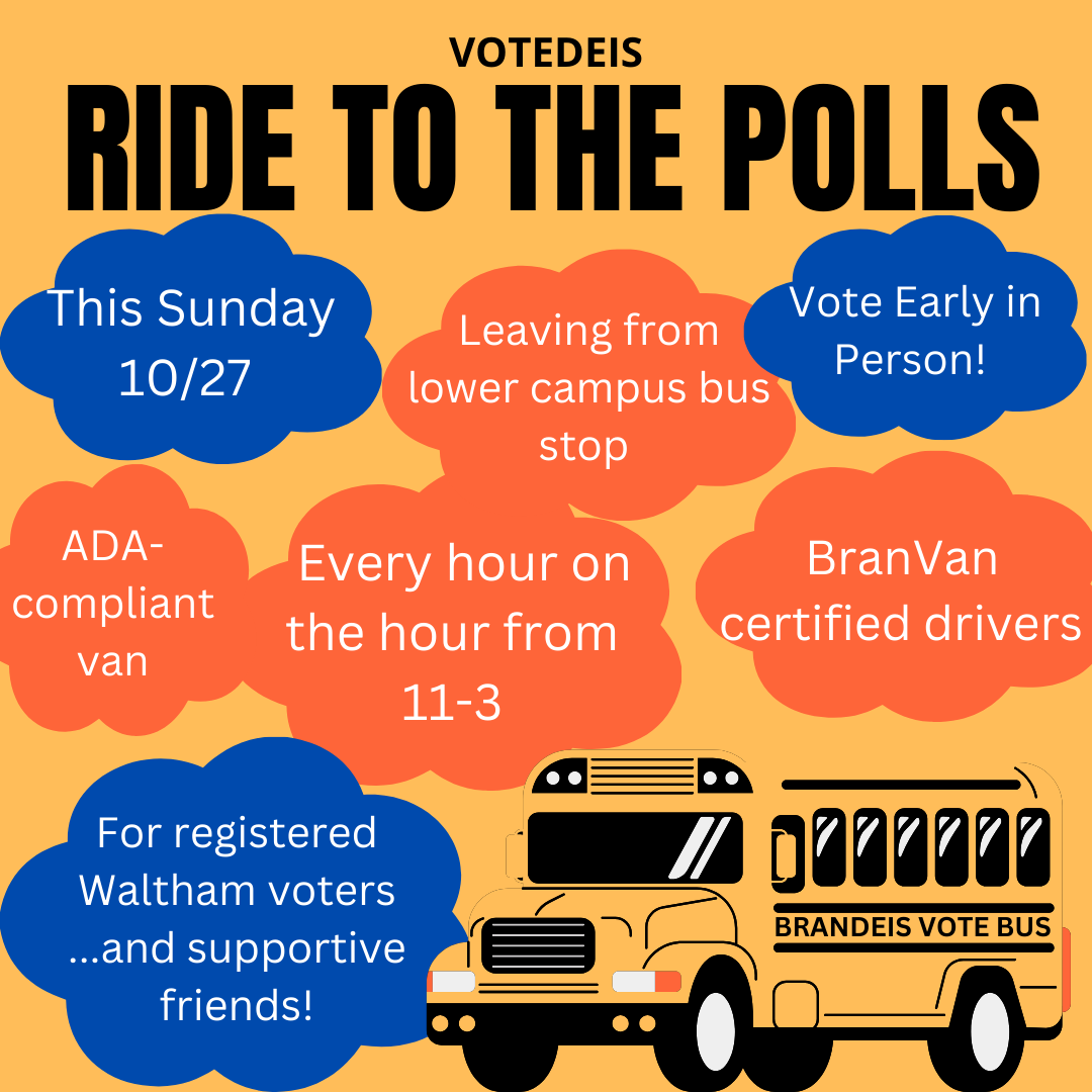 Poster for Early In Person voting with image of a yellow school bus labeled Brandeis Vote Bus